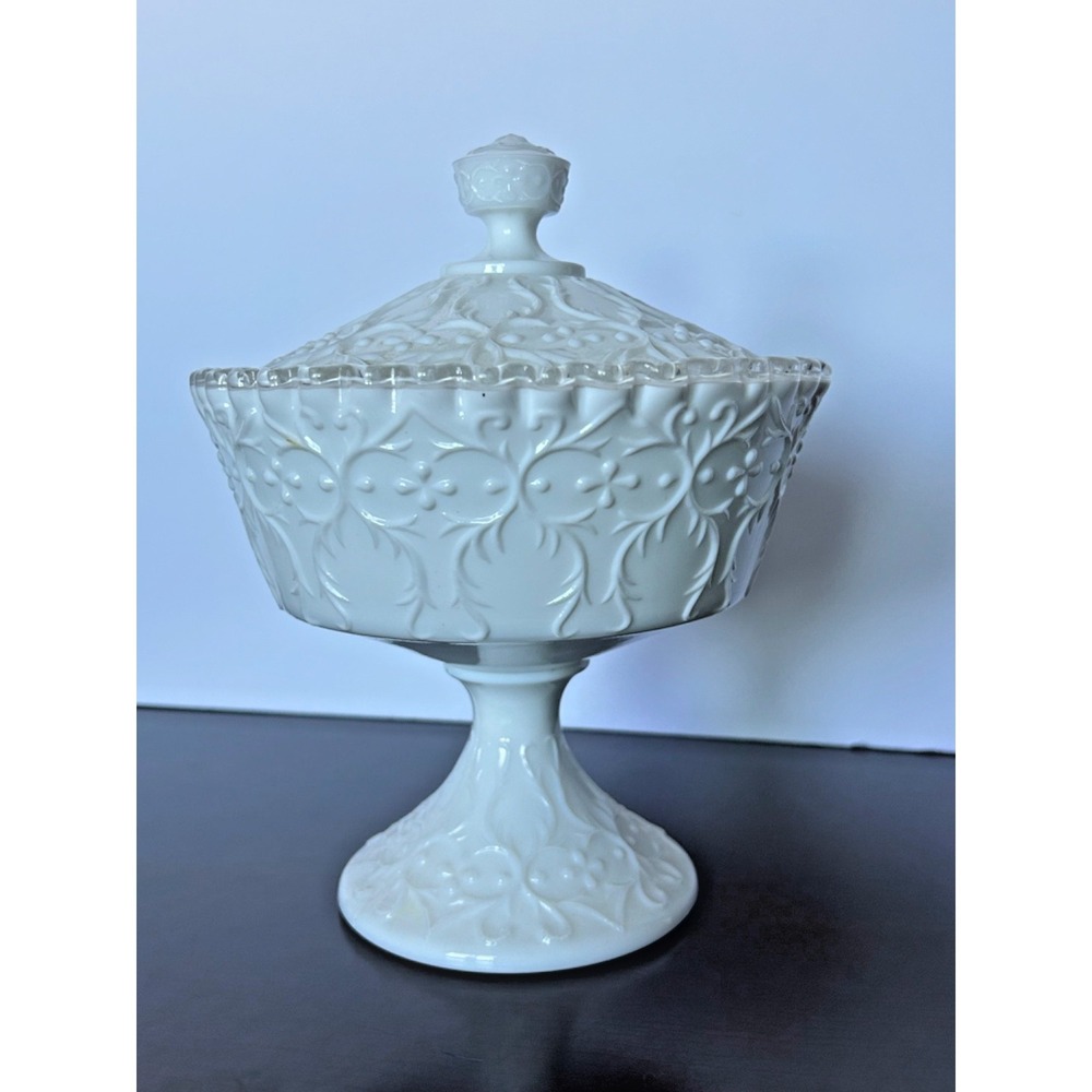 Fenton Milk Glass Silver Crest With Spanish Lace Footed Candy Box With Lid - Picture 12 of 14